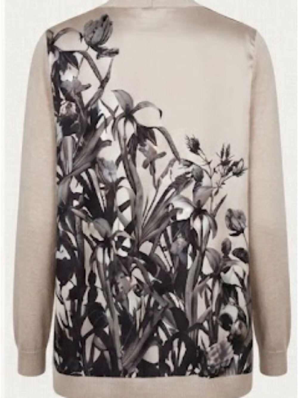 Le Chateau Beige Cardigan with Black Floral Back Panel